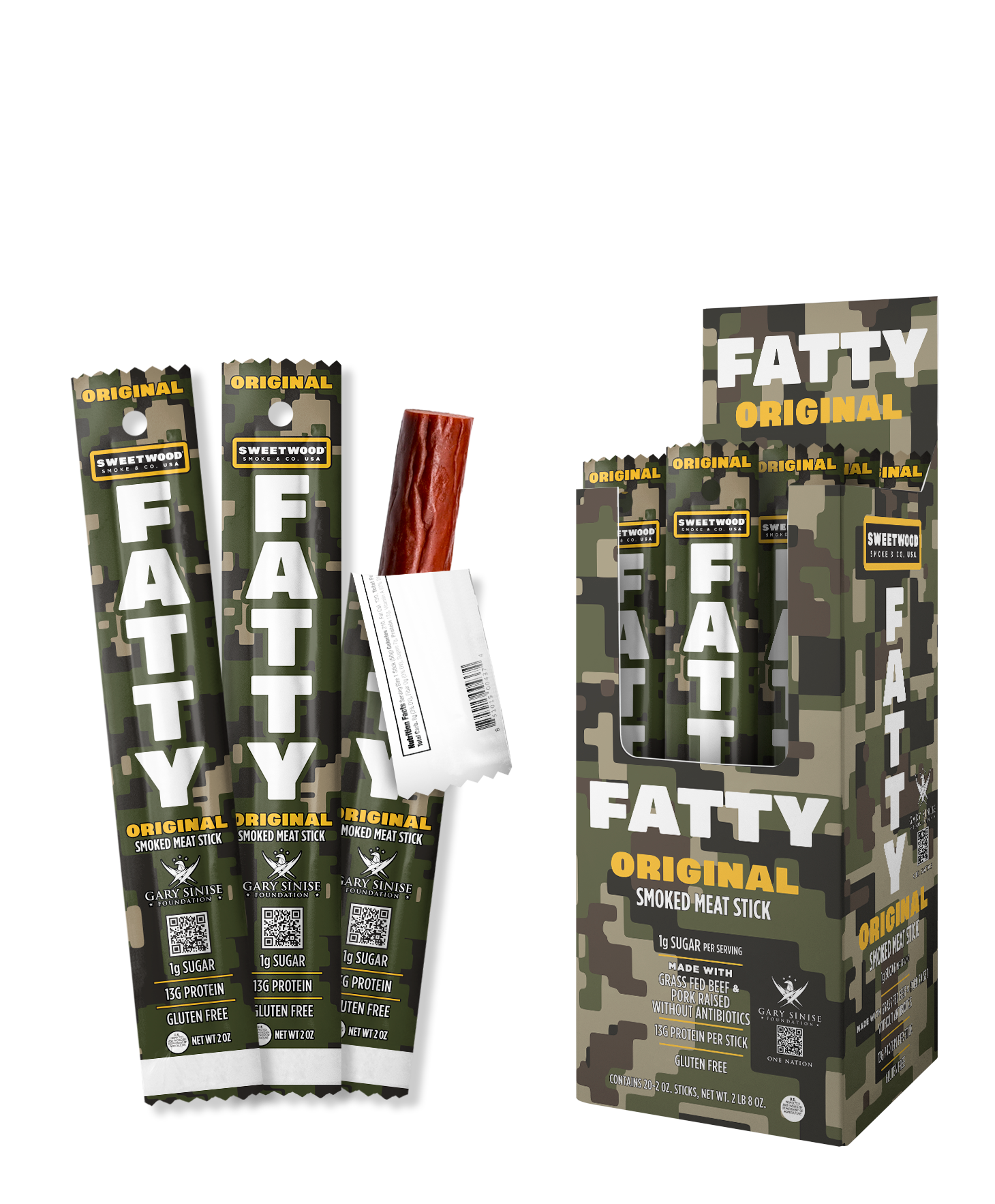 Fatty meat stick in camo packaging products on display and retail packing shownlay box.
