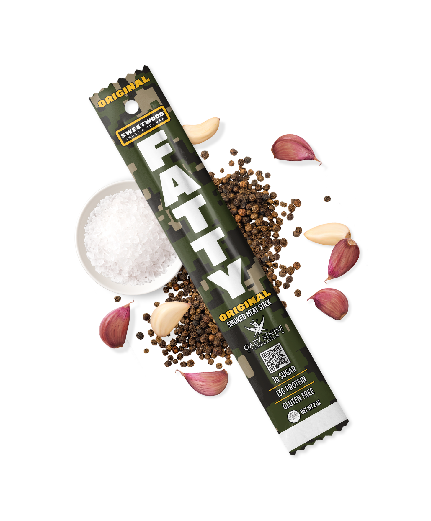 Fatty meat stick shown around ingredients which include garlic salt and pepper