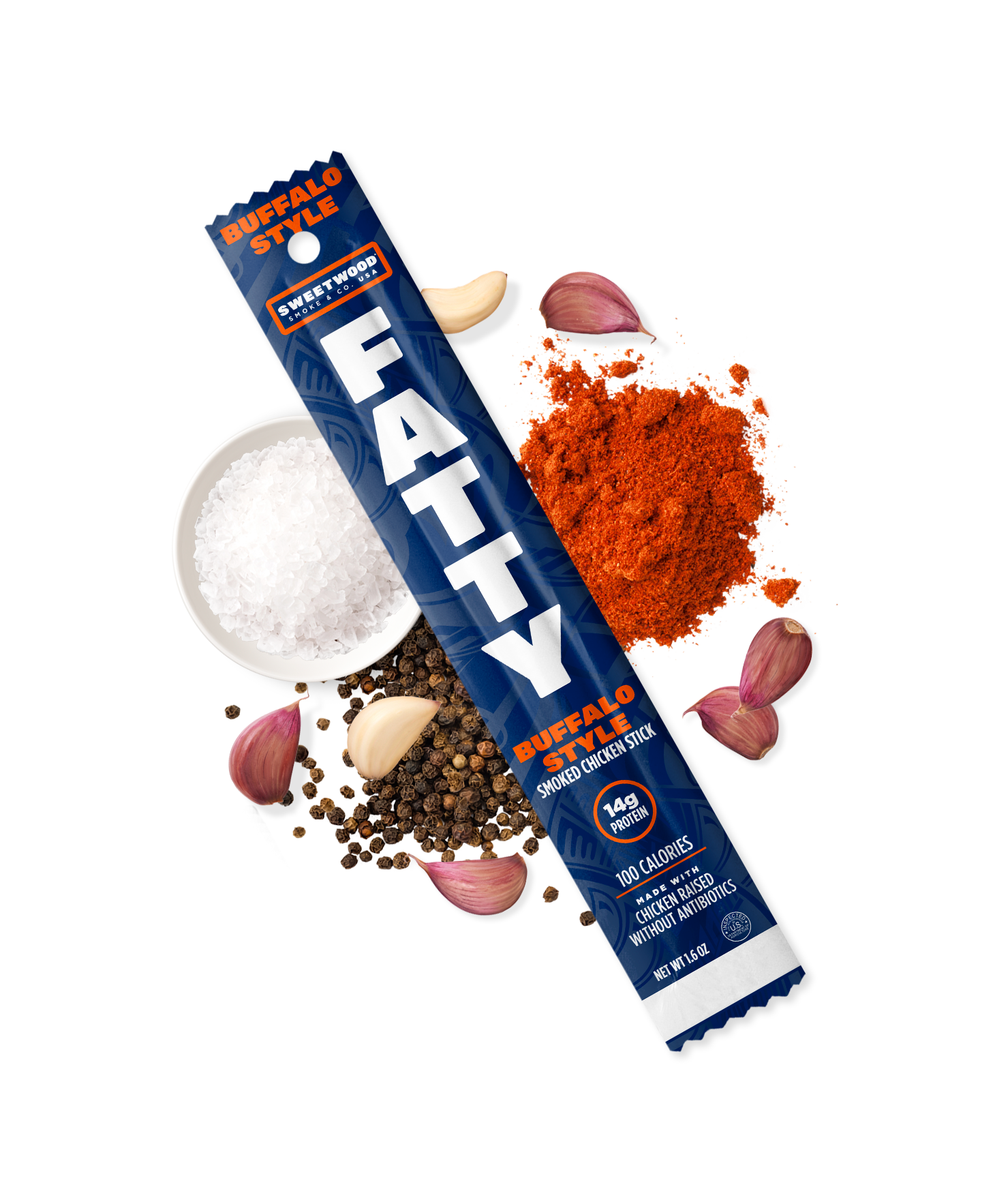 A Fatty Meat Stick alongside scattered ingredients including spices, nuts and grains.