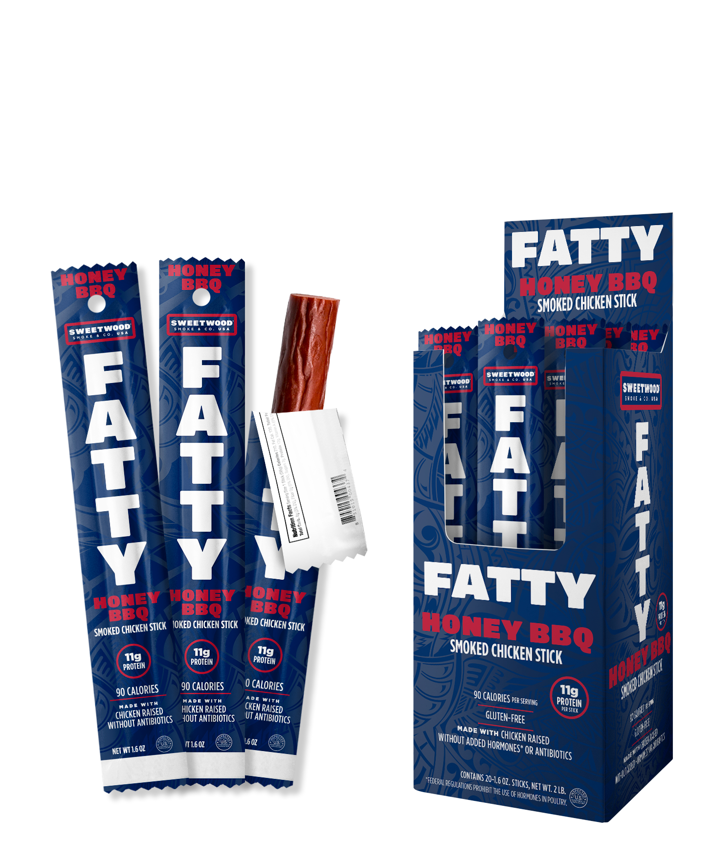 Package of Fatty Meat Stick Honey BBQ with packets and a single stick displayed.
