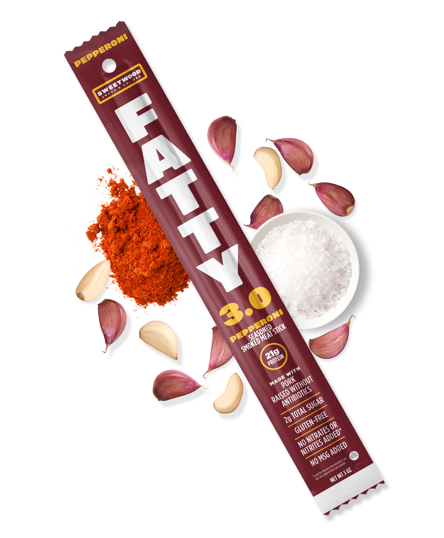 fatty meat stick pepperoni flavor around ingredients including paprika, garlic and salt
