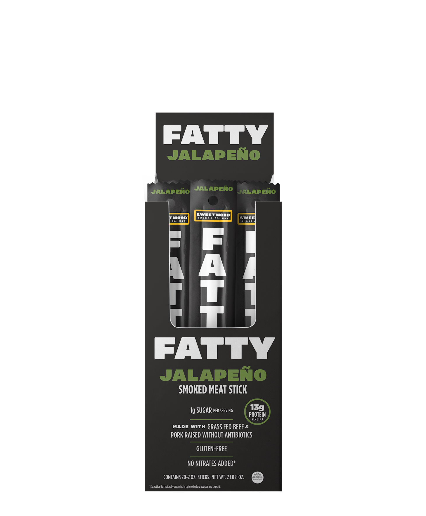 Display packaging for Fatty Jalapeño product in black and green design.