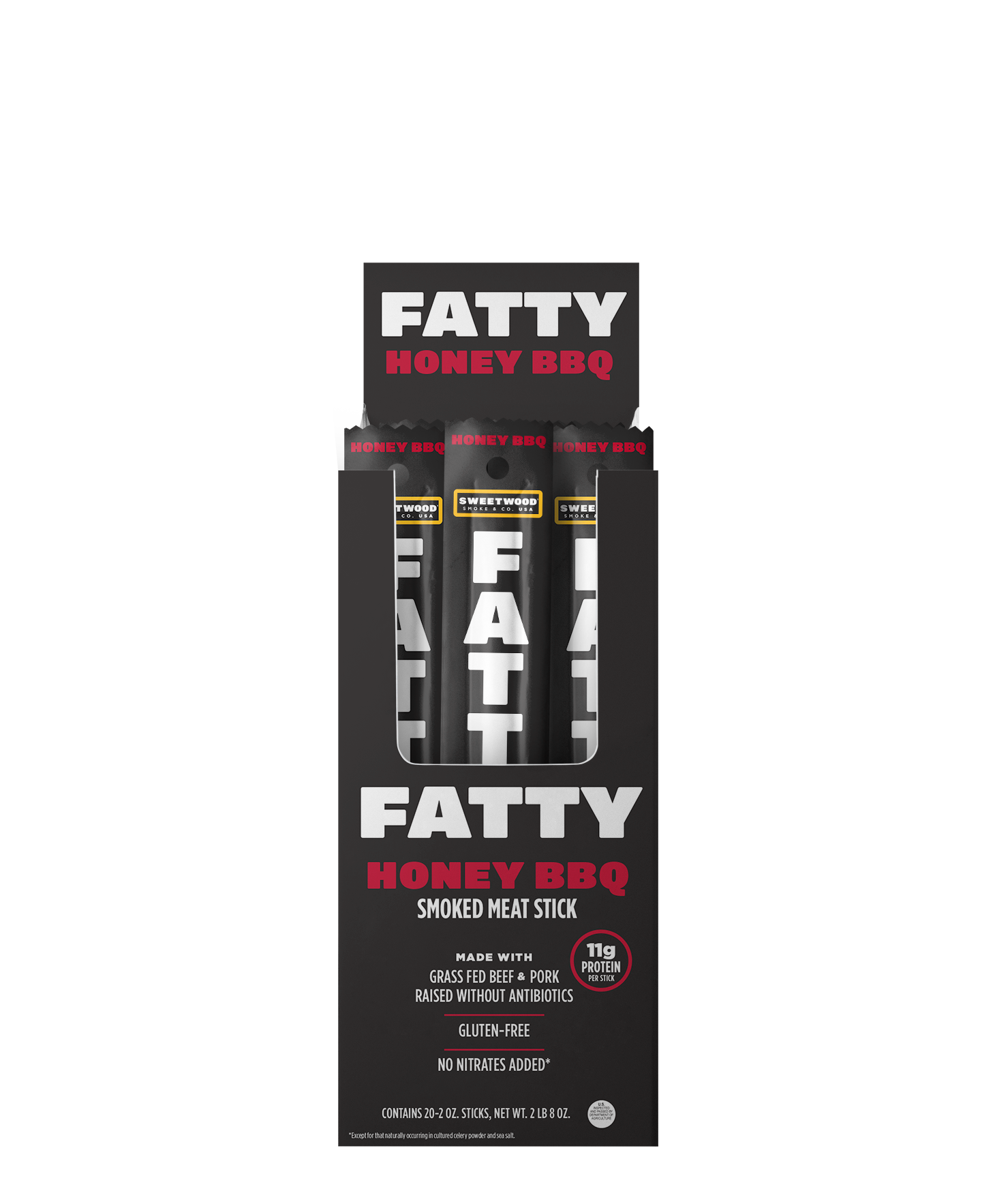 Display box for FATTY Meat Sticks showing product packaging.