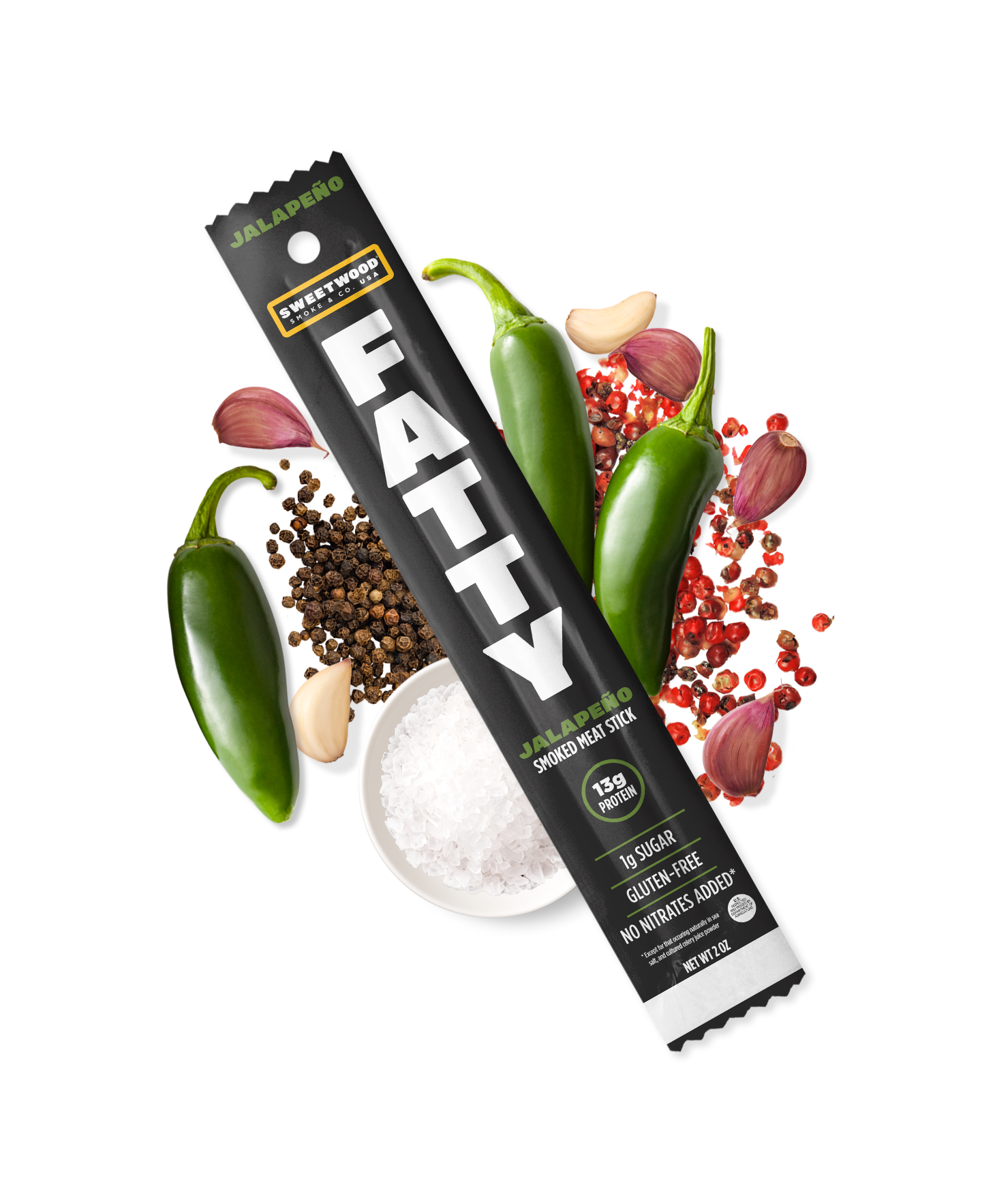 Black Fatty pack surrounded by chili peppers, spices and garlic.