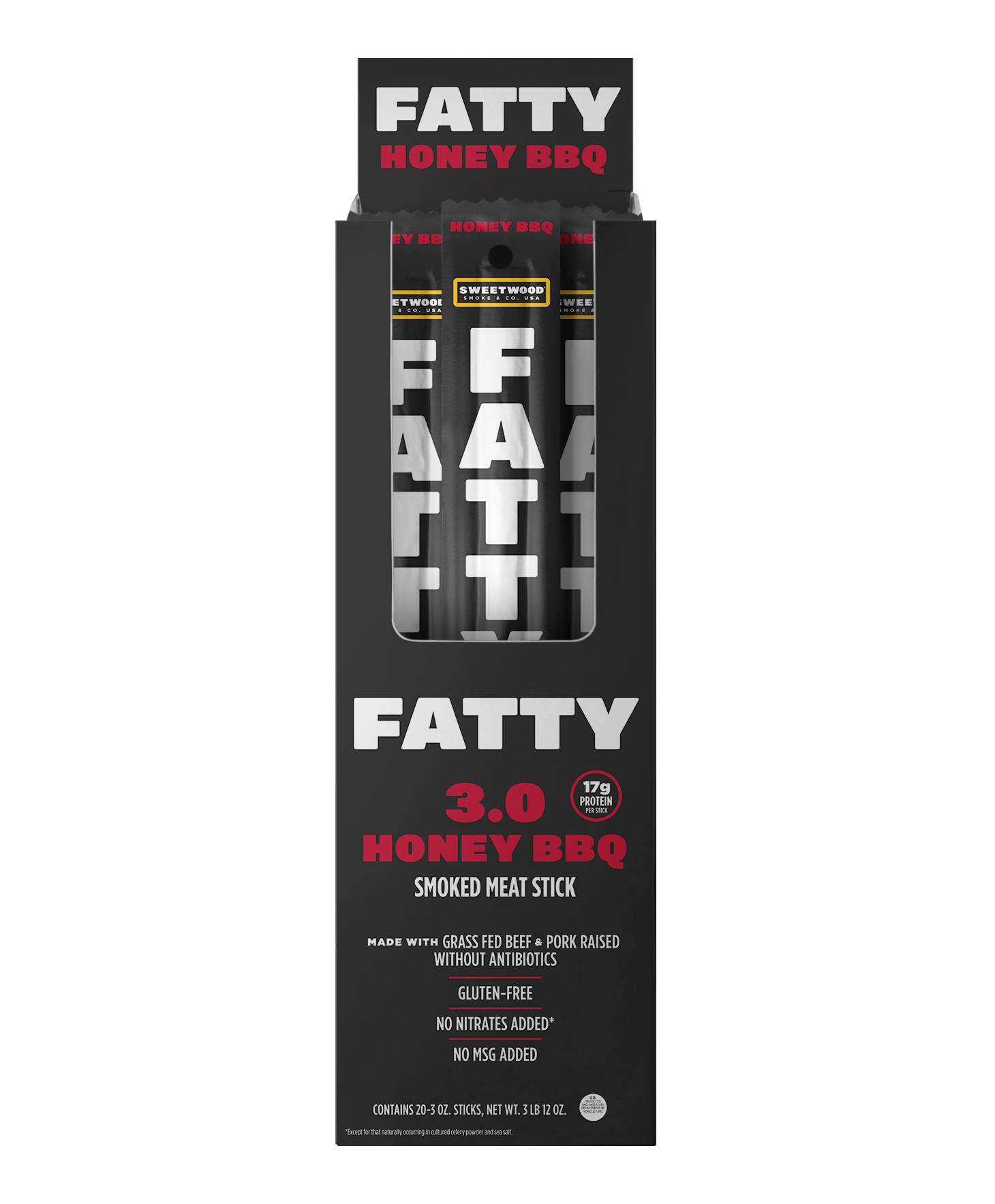 Packaging shot of Fatty 3oz meat stick honey bbq flavor