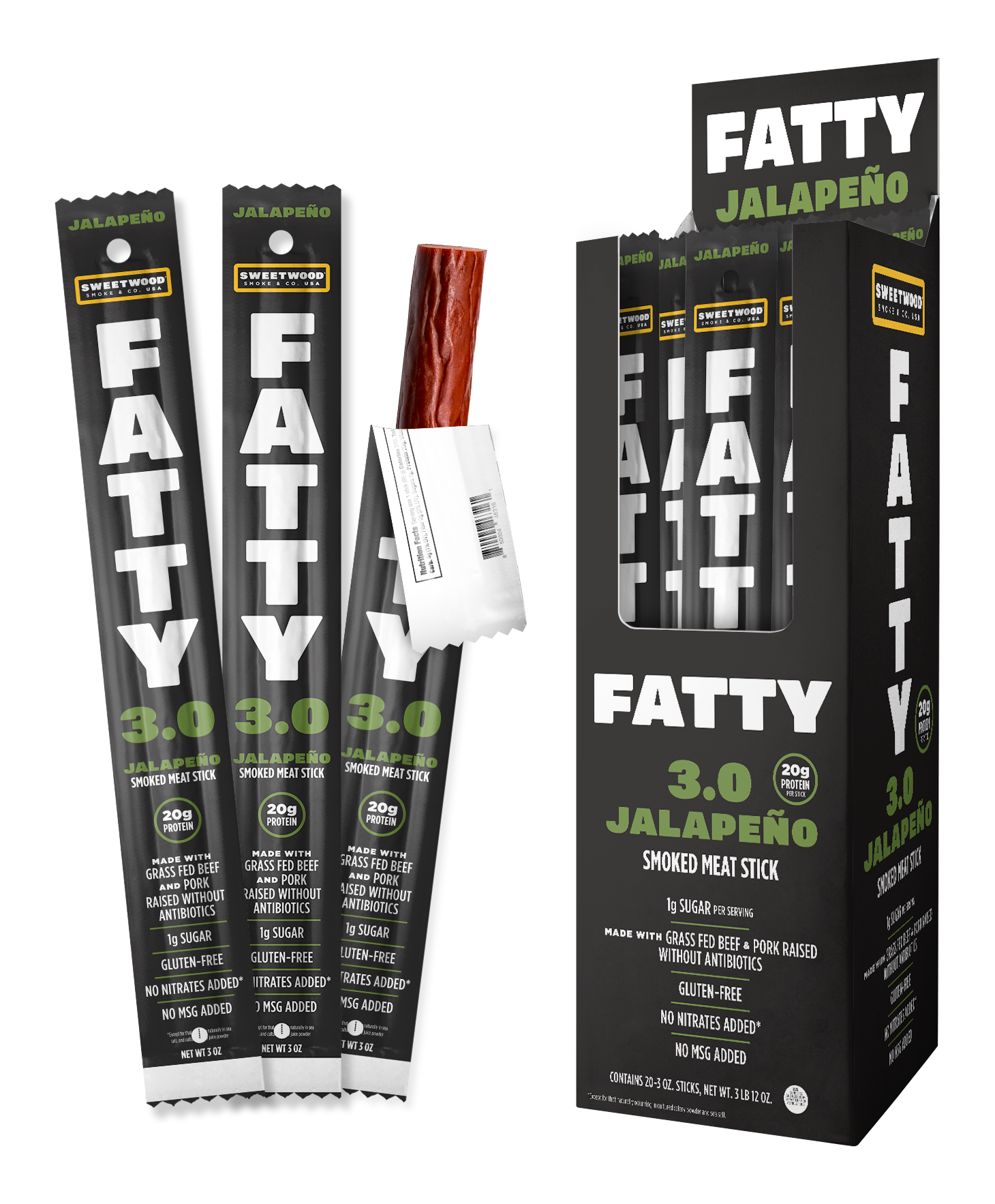 Fatty Meat Stick 3 oz jalapeno flavor packaging and sticks