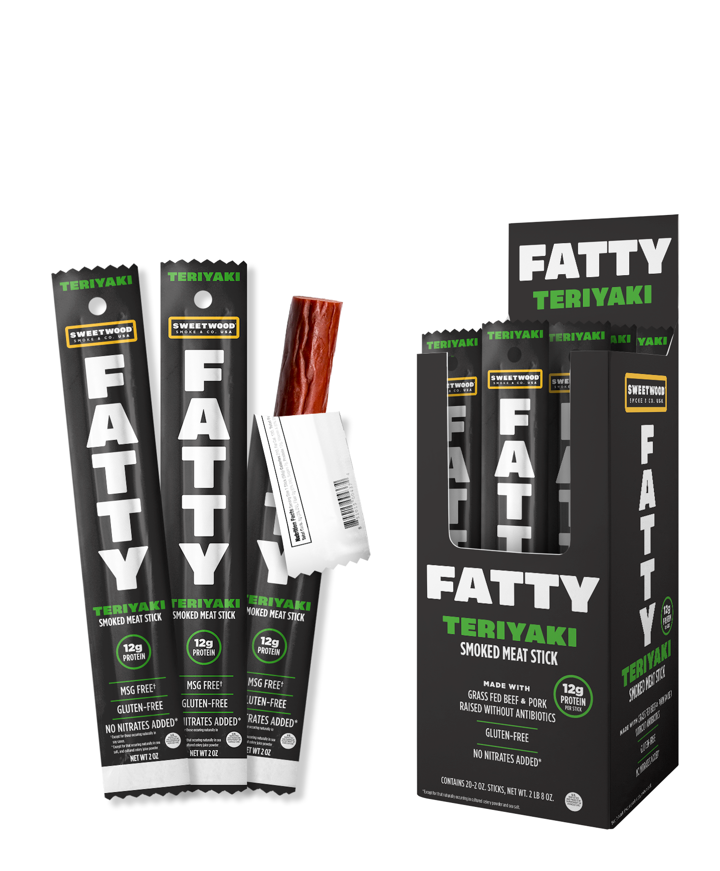 Fatty Meat Stick Teriyaki flavor packaging with box and sticks being shown