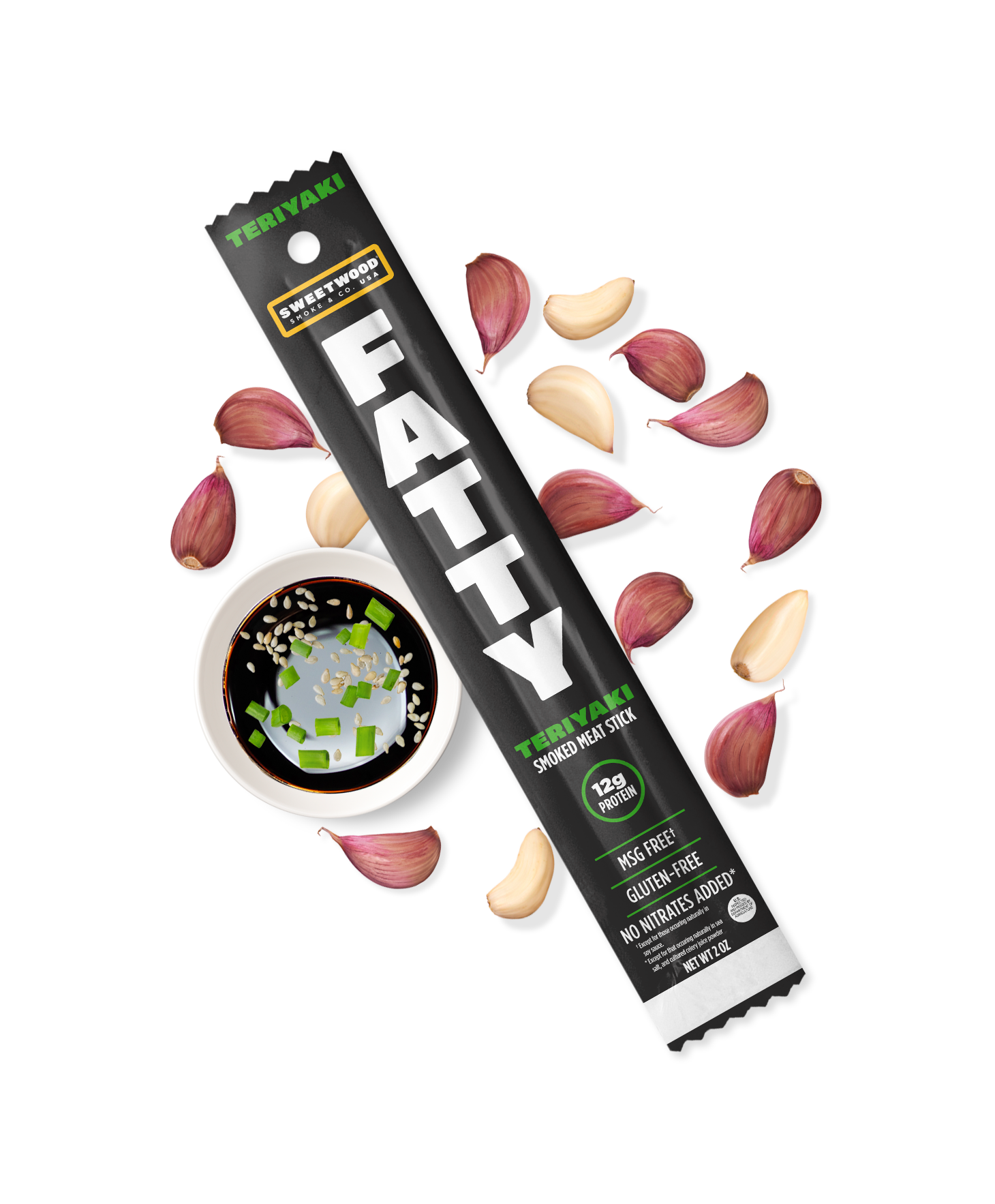 Fatty Meat Stick Teriyaki stick with ingredients teriyaki sauce and garlic